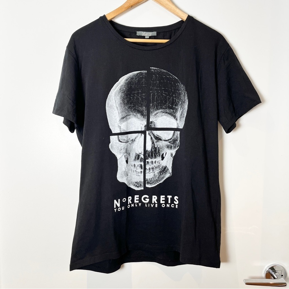 Down Up “No Regrets” Skull Graphic Tee Black Statement Shirt Men’s Medium